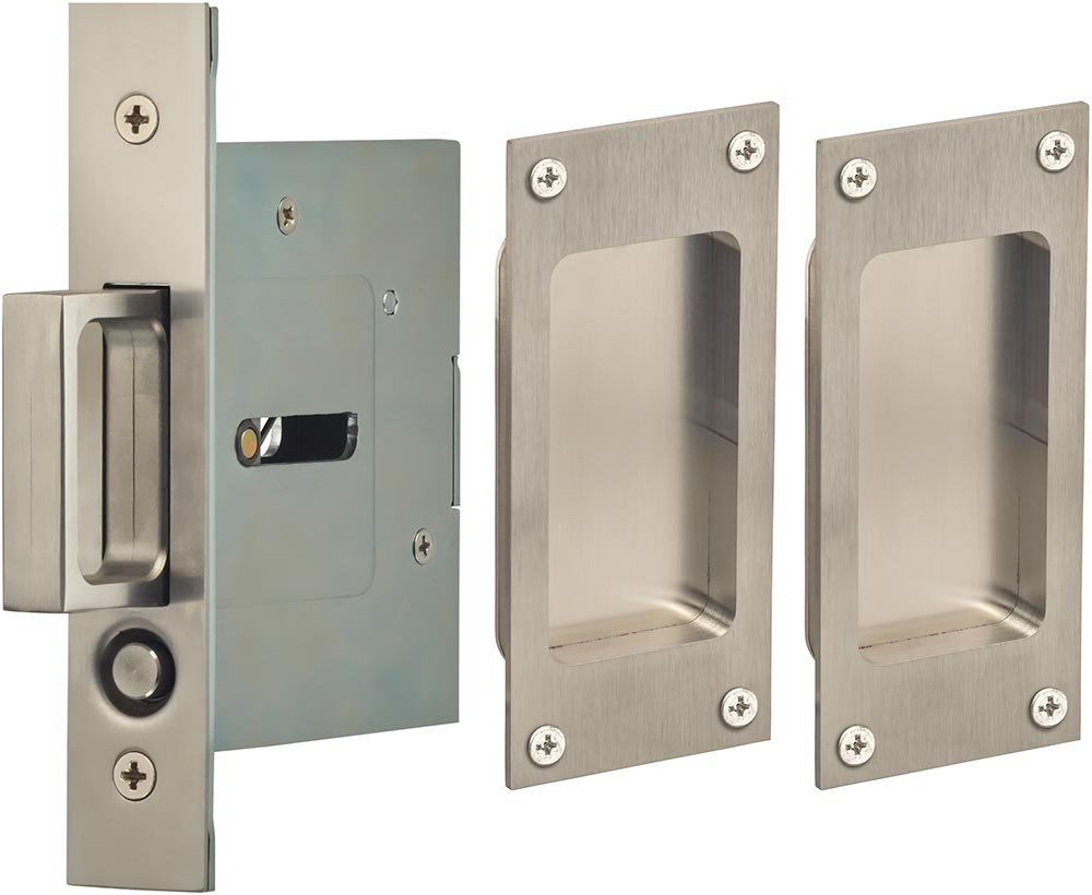 Omnia 7012 Pocket Door Lock with Modern Rectangular Trim, Finish-Satin Stainless Steel