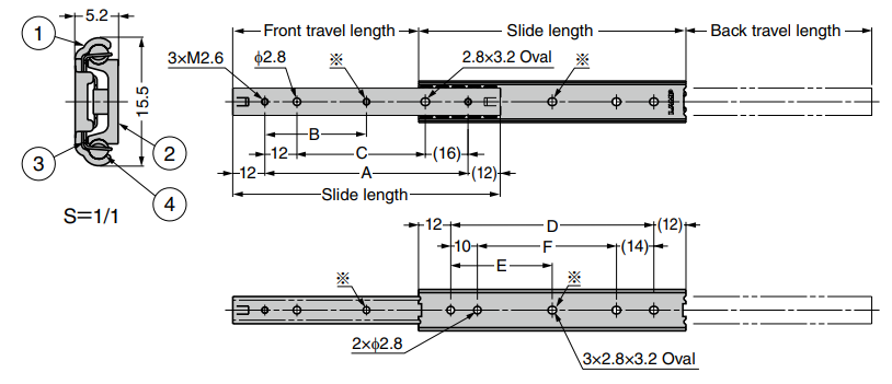 Sugatsune SCRW2-15 3/4 Extension Mini Slide, 2-Way