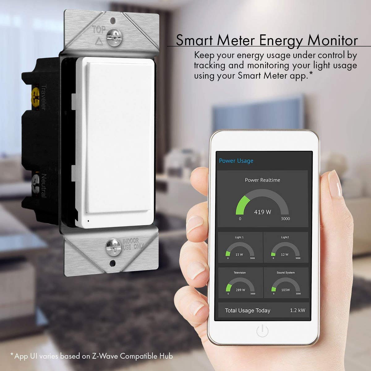 Topgreener ZW15SM-PLUS, In-Wall Smart Z-Wave Light Switch with Energy Monitoring - White