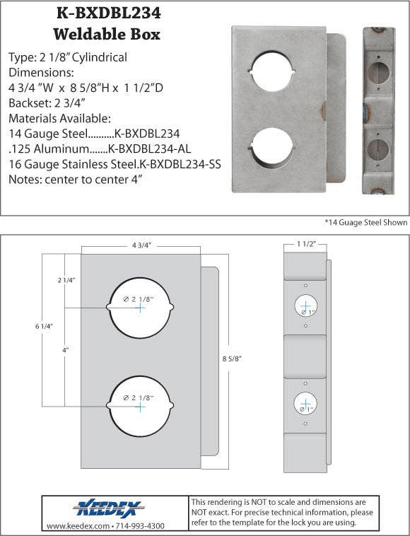 Keedex K-BXDBL234 Lock Box Dbl., 2 3/4" B/S, 2 1/8" Holes 4" Center • H Series Locks