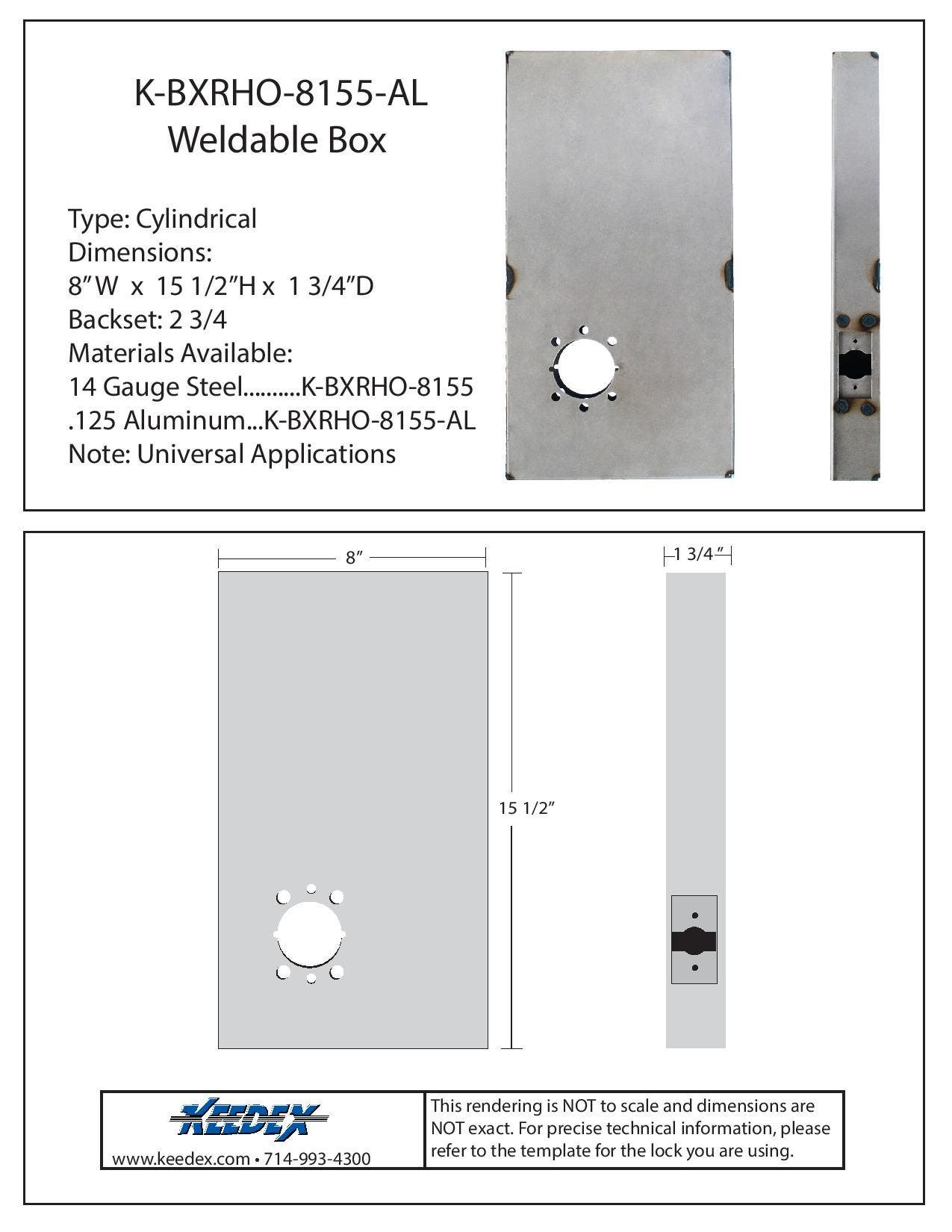 Keedex K-BXRHO-8155 Oversized 8"x15 1/2" Lock Box - Lever Prep Center to top of Box 11 1/5"