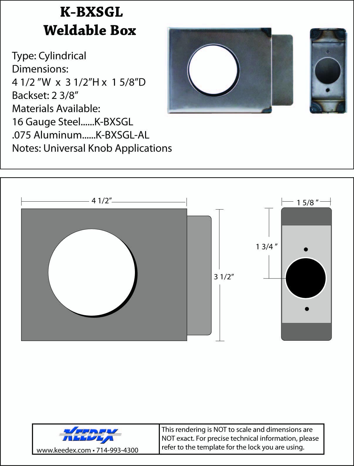 Keedex BXSGL Lock Box Single, 2 3/8" Backset, 2 1/8" Hole 1 1/2" Wide 4.25