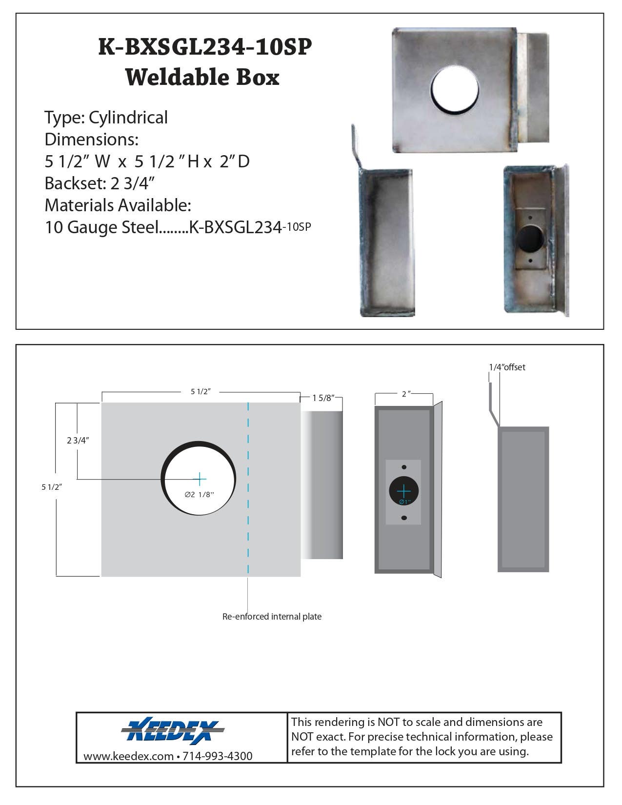 Keedex K-BXSGL234-10SP Heavy Duty Reinforced Box Single, 2 3/4" Backset, 2 1/8" Hole