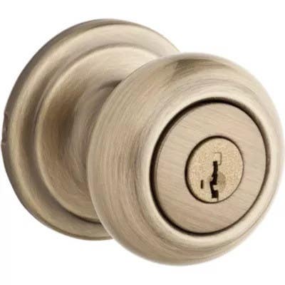 Kwikset 740PE Phoenix Door Knob Knobset, Entrance with SmartKey, Antique Brass, Round Corner Latch, Standard Round Corner Strike