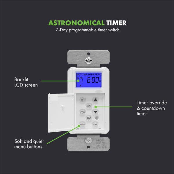 Topgreener TGT01-H In-Wall Astronomical 7-Day Digital Programmable Timer Switch, Backlit - White