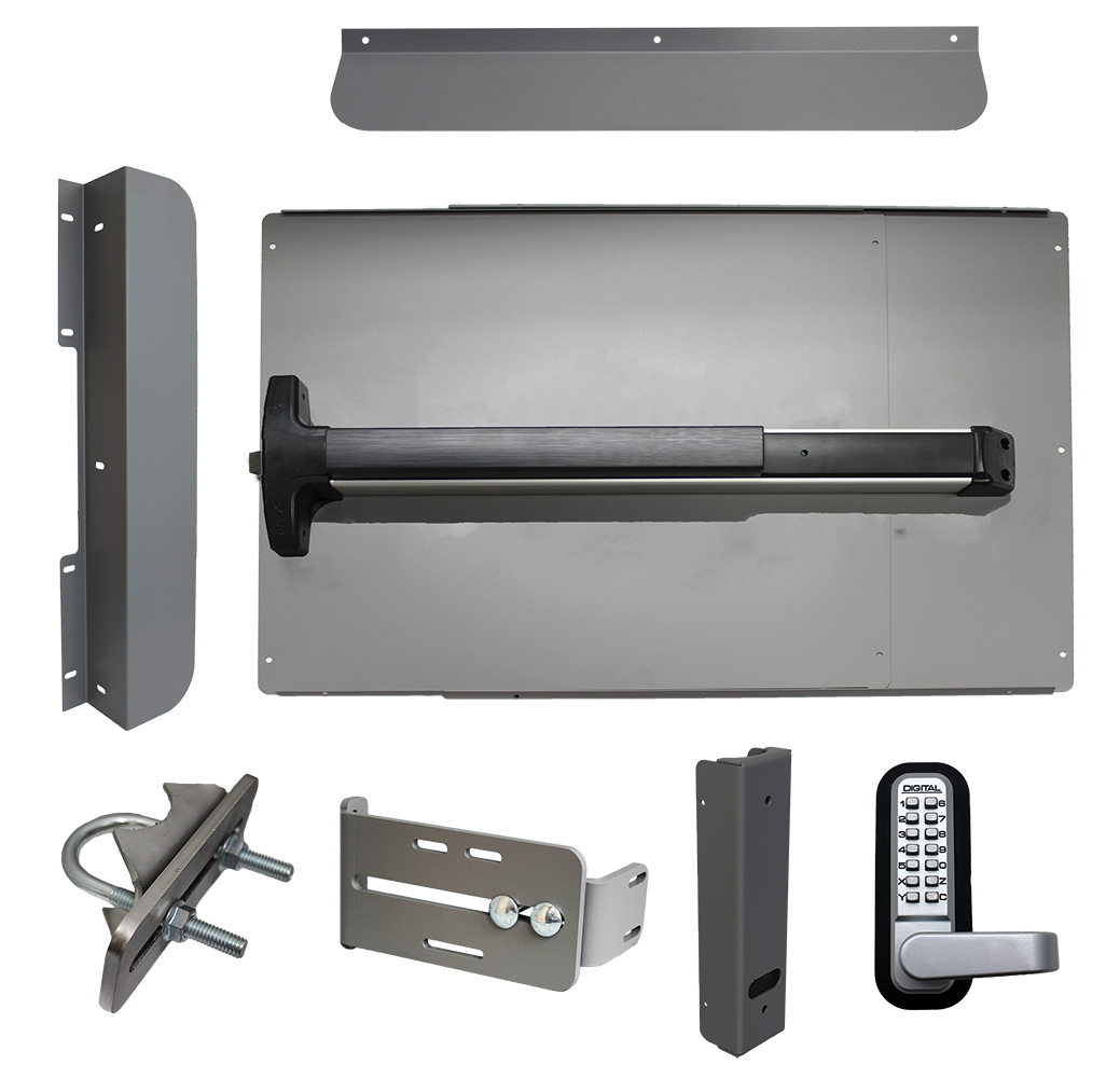 Lockey ED62 EDGE Panic Shield Security Kit w/ Detex V-40 Panic Bar, Panic Shield, Strike Bracket, Gate Box, Keyless Trim