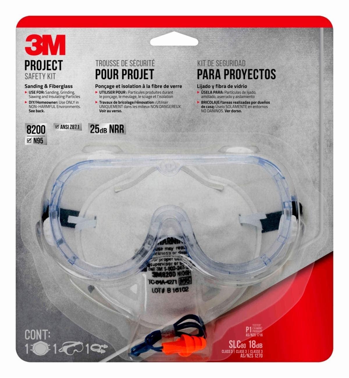 3M PROJECTH1-DC Project Safety Kit, 1 Respirator, 1 Earplug & 1 Pair of Safety Glasses per Package