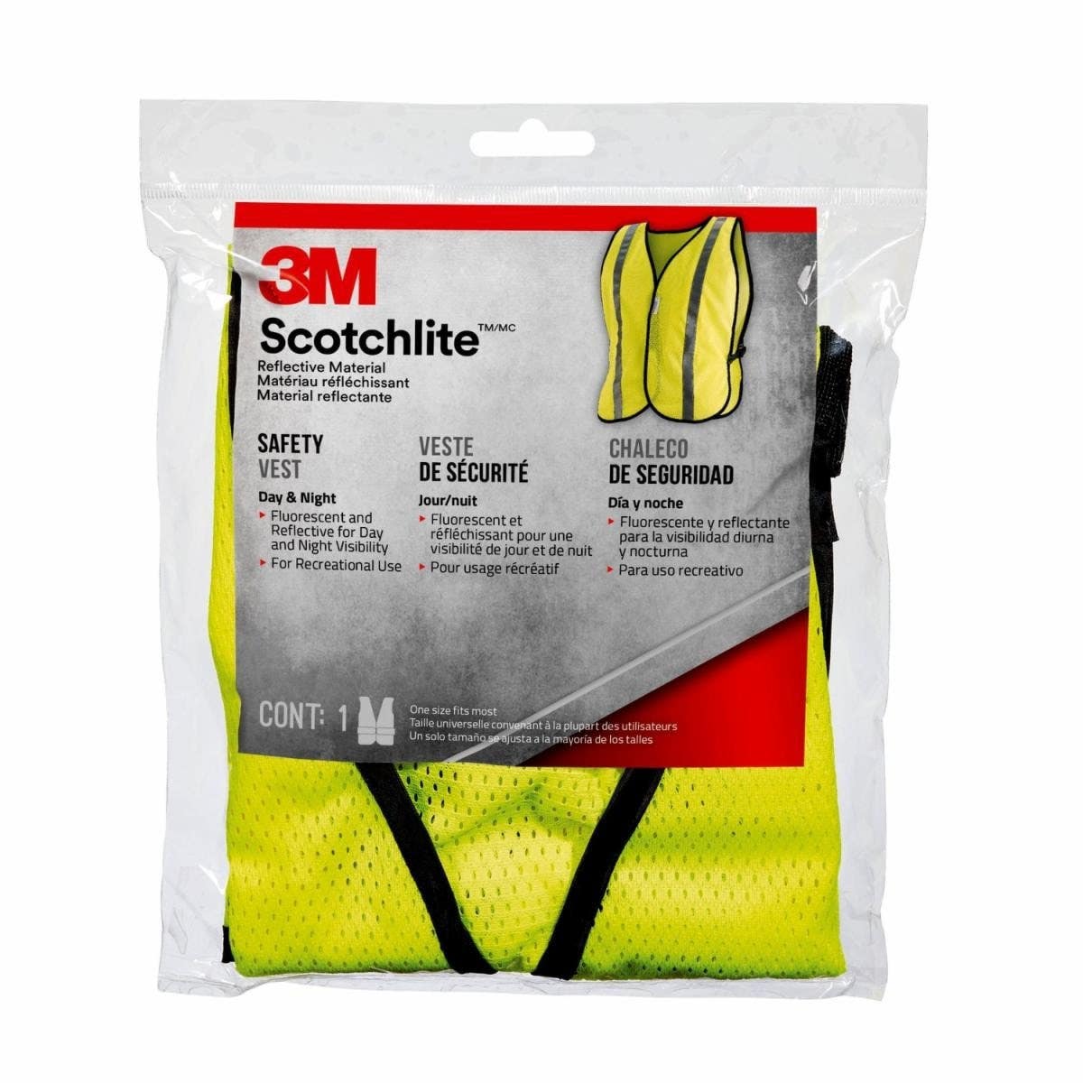 3M 94601H1-DC Scotchlite, Reflective Material Day/Night Safety Vest, One Size, Hi-Viz Yellow