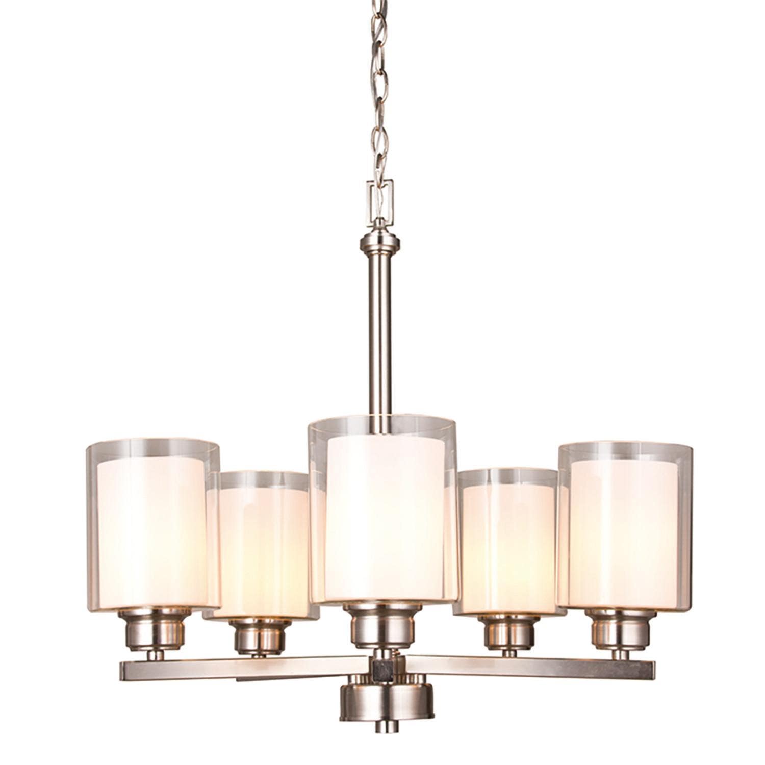 Design House 567206/567198 Oslo Chandelier In Satin Nickel, Frosted White Inner Glass & Clear Outer Glass