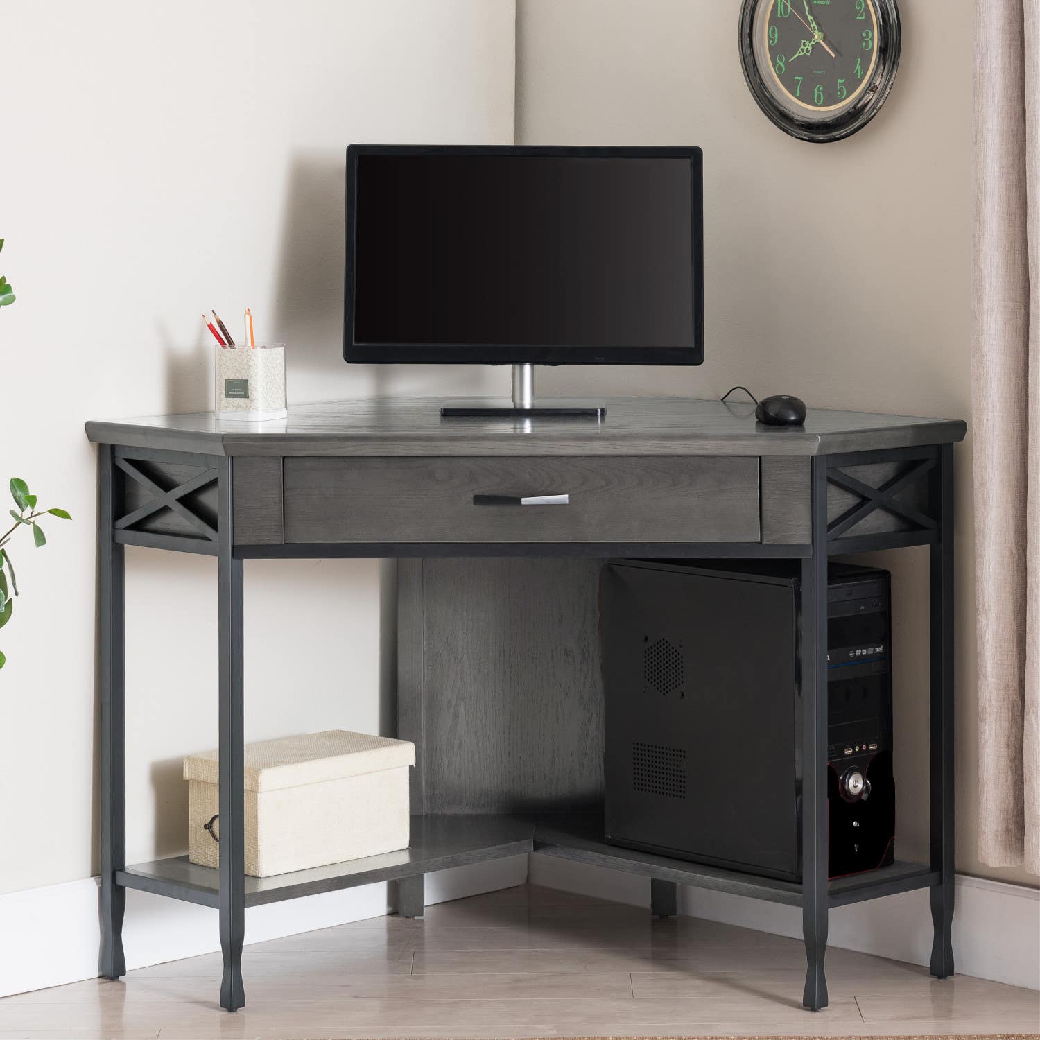 Design House 23430 Chisel & Forge Corner Desk w/ Drawer In Smoke Gray/Matte Black