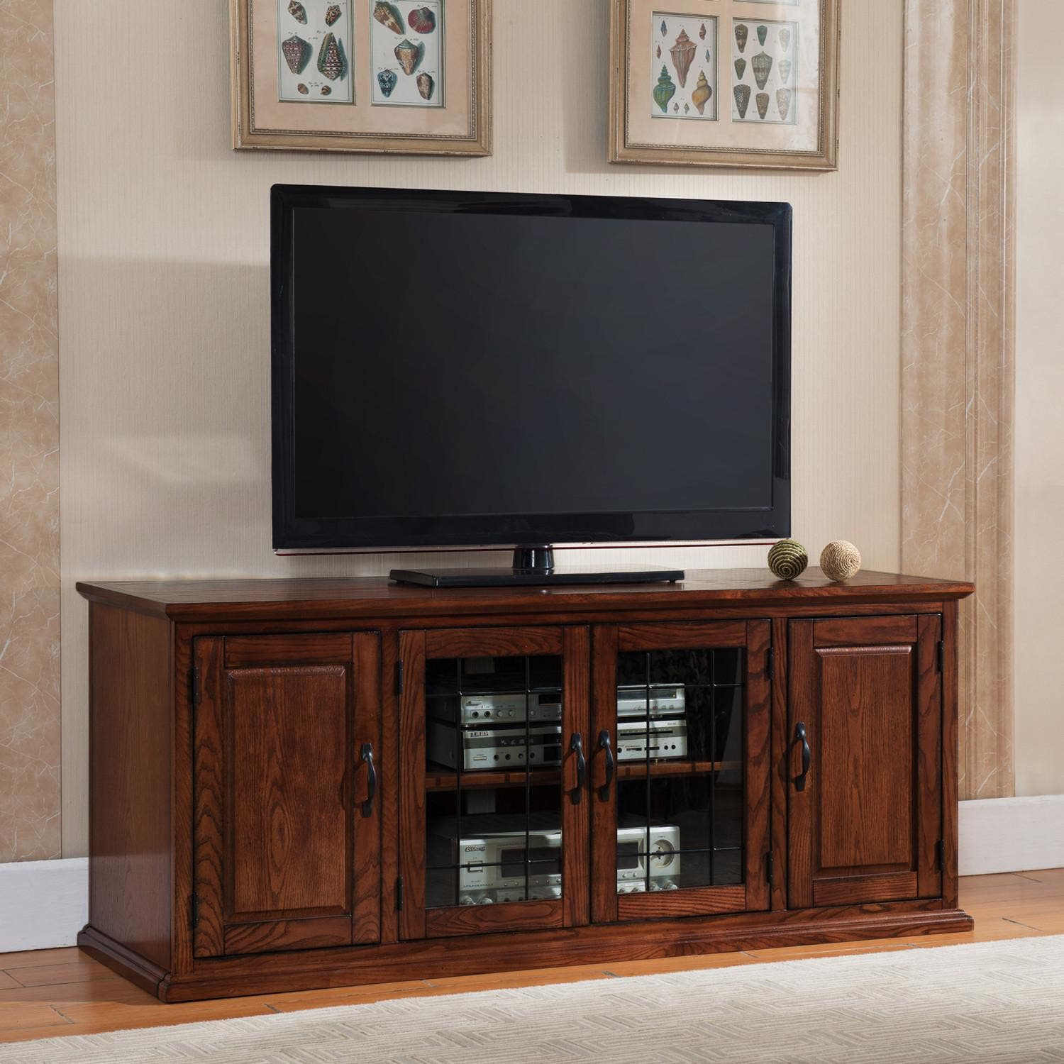 Design House 80360 Leaded Glass TV Stand In Burnished Oak
