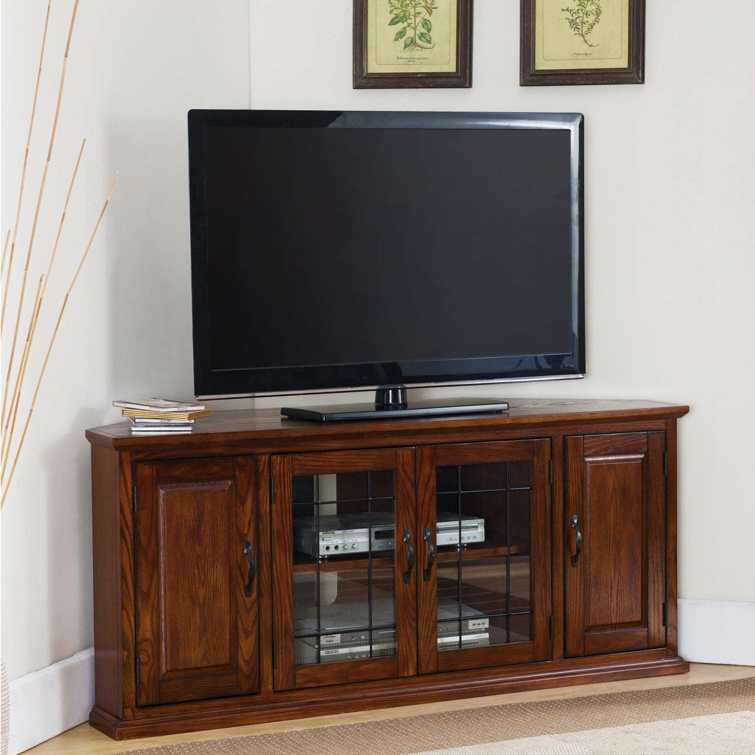 Design House 80386 Leaded Glass Corner TV Stand In Burnished Oak
