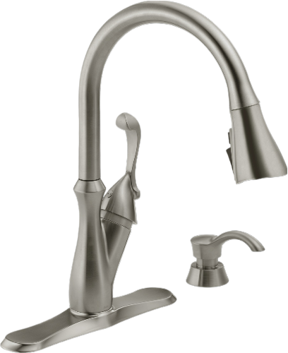 Delta Faucet Co 19950Z-SSSD-DST  Arabella High Arc Kitchen Faucet With Pull-Down ShieldSpray + Soap Dispenser, Single Handle, Stainless Steel