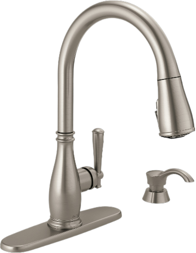 Delta Faucet Co 19962Z-SSSD-DST  Charmaine High Arc Kitchen Faucet With Pull-Down Spray + Soap Dispenser, Single Handle, Stainless Steel