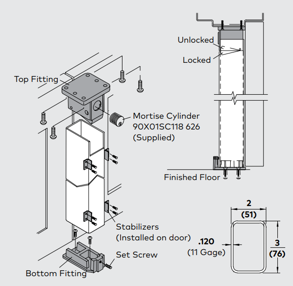 KABA 1340KR Key Removable Steel Mullion, 2" × 3", primed