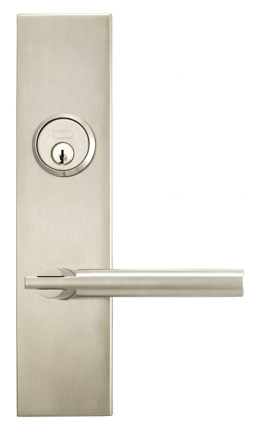 Omnia 12025 Exterior Modern Mortise Entrance Lever Lockset with Plate - Stainless Steel