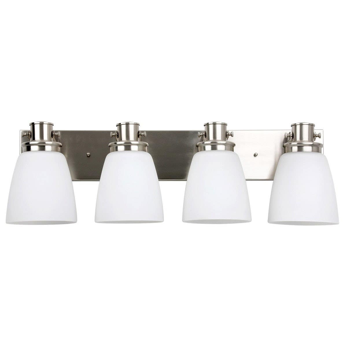 Design House 589531 Atkinson 4-Light Vanity Light w/ Bell-Shaped Frosted Glass In Satin Nickel