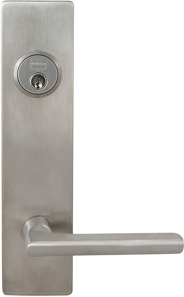 Omnia D12043 Exterior Modern Deadbolt Entrance Lever Lockset w/ Plate, Finish-Satin Stainless Steel