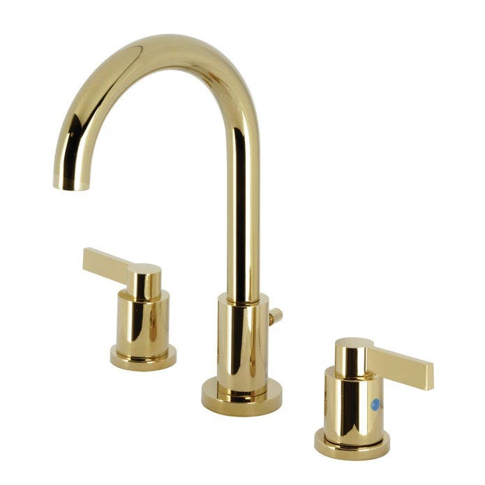 Kingston Brass FSC8922NDL Two-Handle 3-Hole Deck Mount Widespread Bathroom Faucet with Brass Pop-Up Drain, Polished Brass