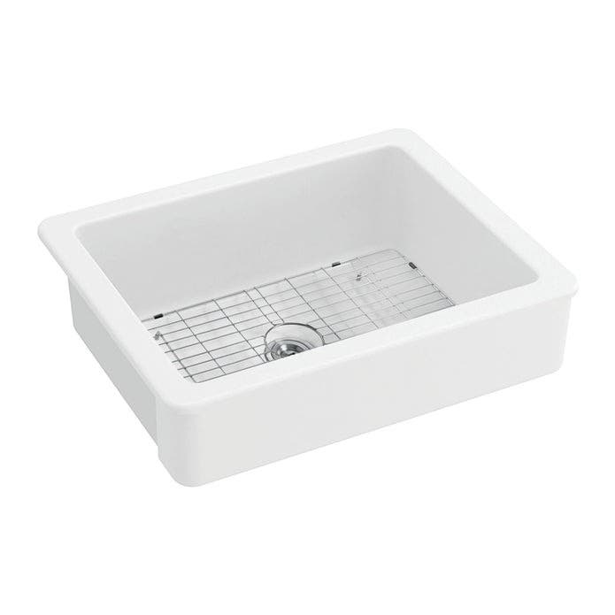 Kingston Brass GPKF30198 30-Inch Ceramic Apron-Front Single Bowl Farmhouse Kitchen Sink with Bottom Grid and Strainer, Glossy White