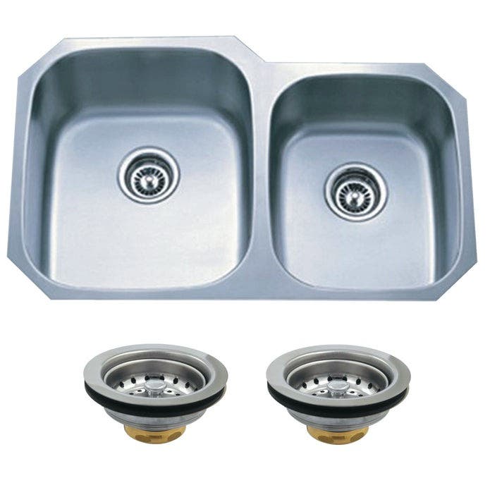 Kingston Brass KGKUD3221 32-Inch Stainless Steel Double Bowl Undermount Kitchen Sink Combo with Strainers x 2, Brushed