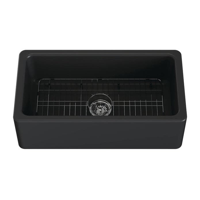 Kingston Brass KGPF331810KBC 33-Inch Fireclay Single Bowl Farmhouse Kitchen Sink with Bottom Grid and Strainer, Matte Black