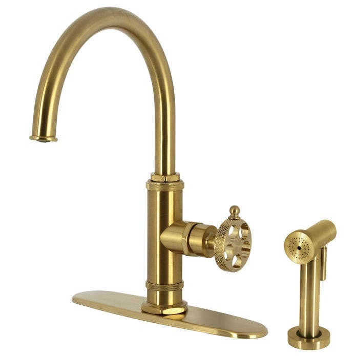Kingston Brass KS2437RKX Single-Handle 1-Hole Deck Mount Kitchen Faucet with Knurled Handle and Brass Side Sprayer, Brushed Brass