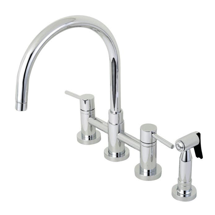Kingston Brass KS8271DLBS Two-Handle 4-Hole Deck Mount Bridge Kitchen Faucet with Brass Side Sprayer, Polished Chrome