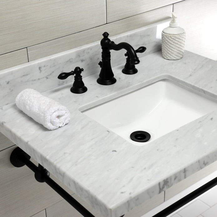 Kingston Brass KVPB3022M8SQ0 30-Inch Carrara Marble Console Sink with Brass Legs (8-Inch, 3-Hole), Carrara Marble White/Matte Black