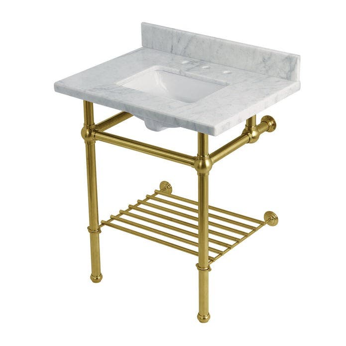 Kingston Brass KVPB30MBSQB7 30-Inch Carrara Marble Console Sink with Brass Legs and Shelf (8-Inch, 3-Hole), Carrara Marble White/Brushed Brass
