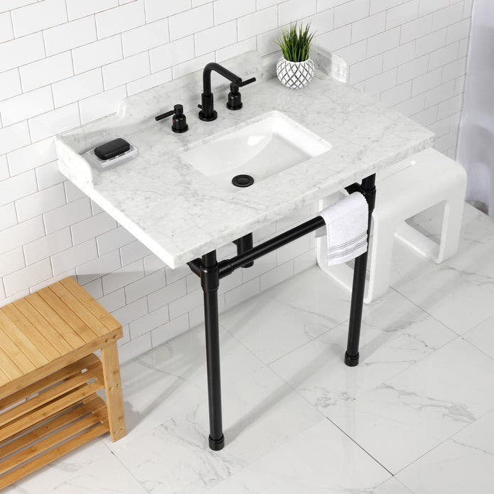 Kingston Brass LMS36M8SQ0ST 36-Inch Carrara Marble Console Sink with Stainless Steel Legs (8-Inch, 3-Hole), Carrara Marble White/Matte Black